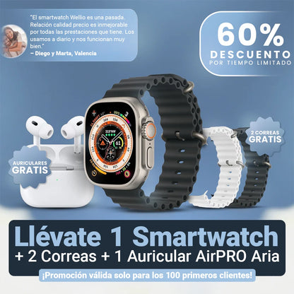 Smartwatch Wellio Pro + 2 Correas + Auriculares AirPro Aria Gratis | Edición Limitada
